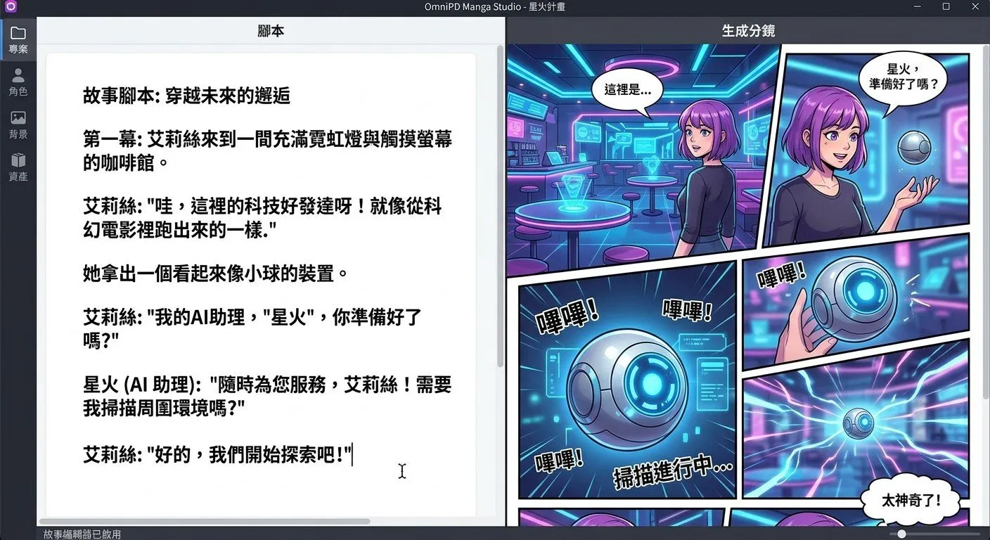 OmniPD 的「漫畫大師」功能可一鍵將科技敘事轉化為多格漫畫，大幅提升科普內容的趣味性。