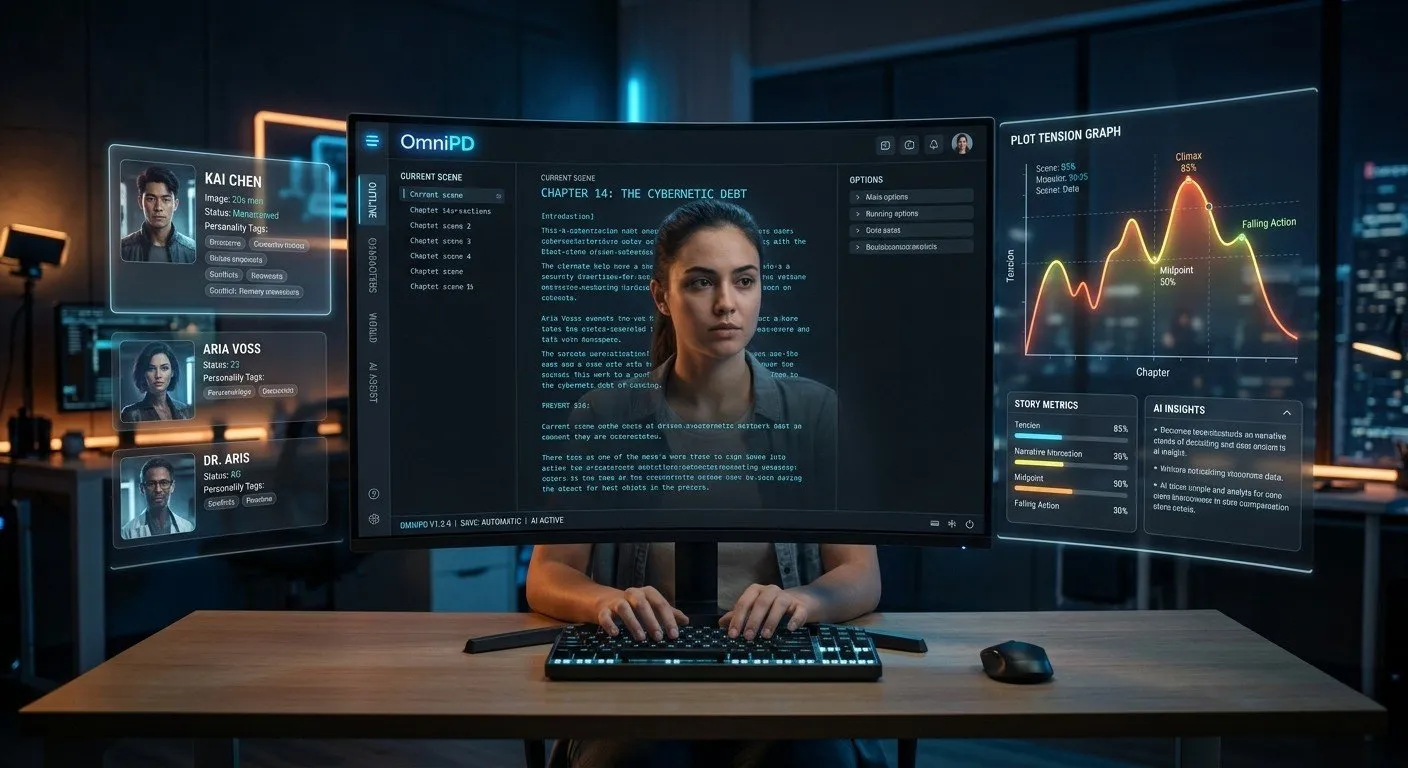 OmniPD 專業的 AI 創作台介面，整合了張力曲線與角色熱力圖等精密分析工具。