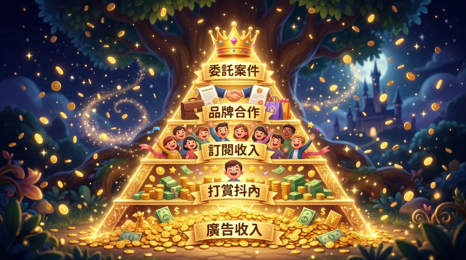 很多人以為變現 = 業配。其實 AI 帳號有 5 層收入，像蓋樓一樣一層層加上去。