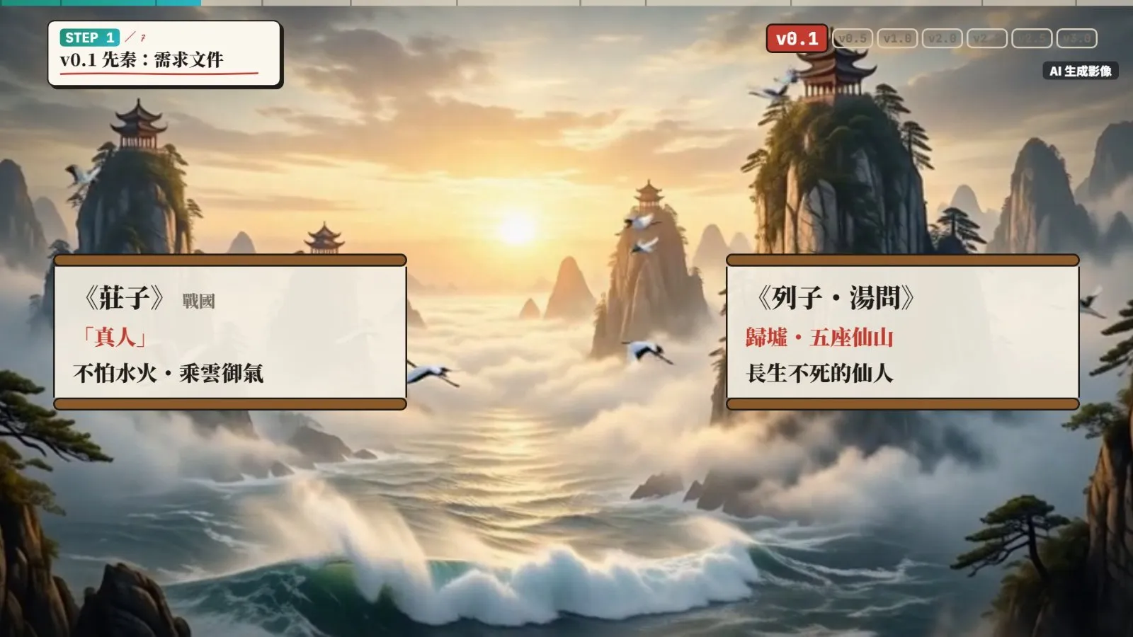 v0.1:真人與歸墟五仙山(過場影像為 AI 生成)。