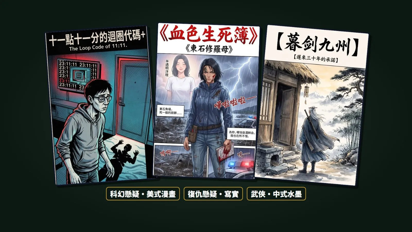 三部作品,三種畫風,全部用漫畫大師生成。