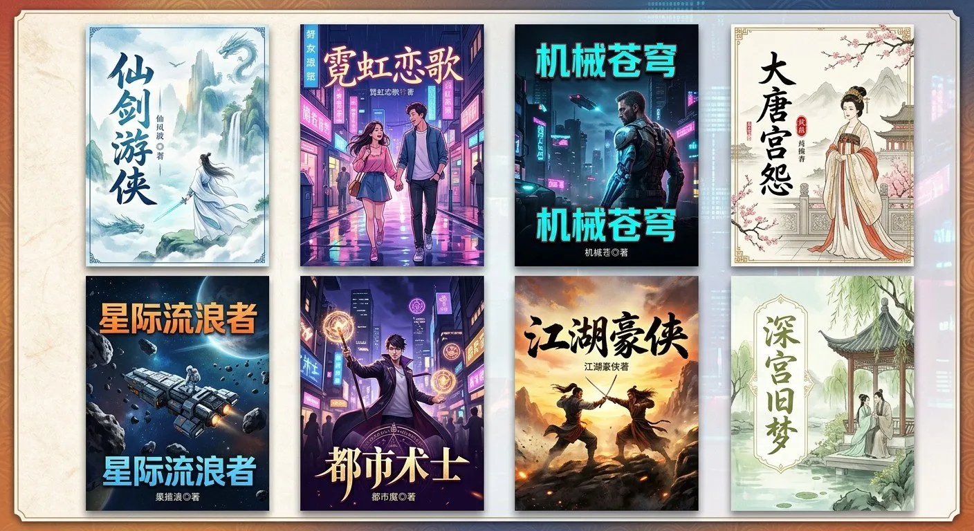 內建封面生成器支援 10 種藝術風格，能根據小說題材一鍵產出具備商業質感的專業封面，大幅提升作品吸引力。