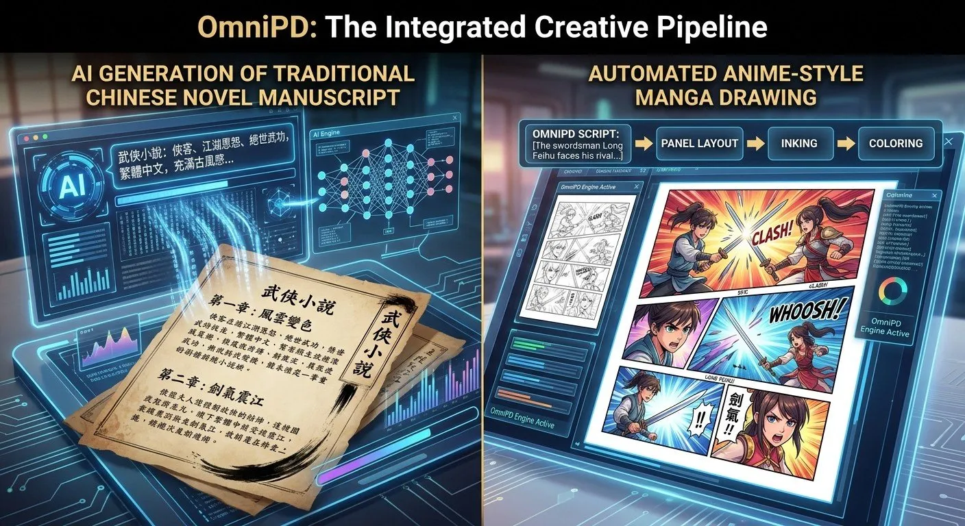 從文字到影像的跨界融合：OmniPD 的 AI 漫畫工作室能將小說內容自動轉化為精美的多格分鏡圖。