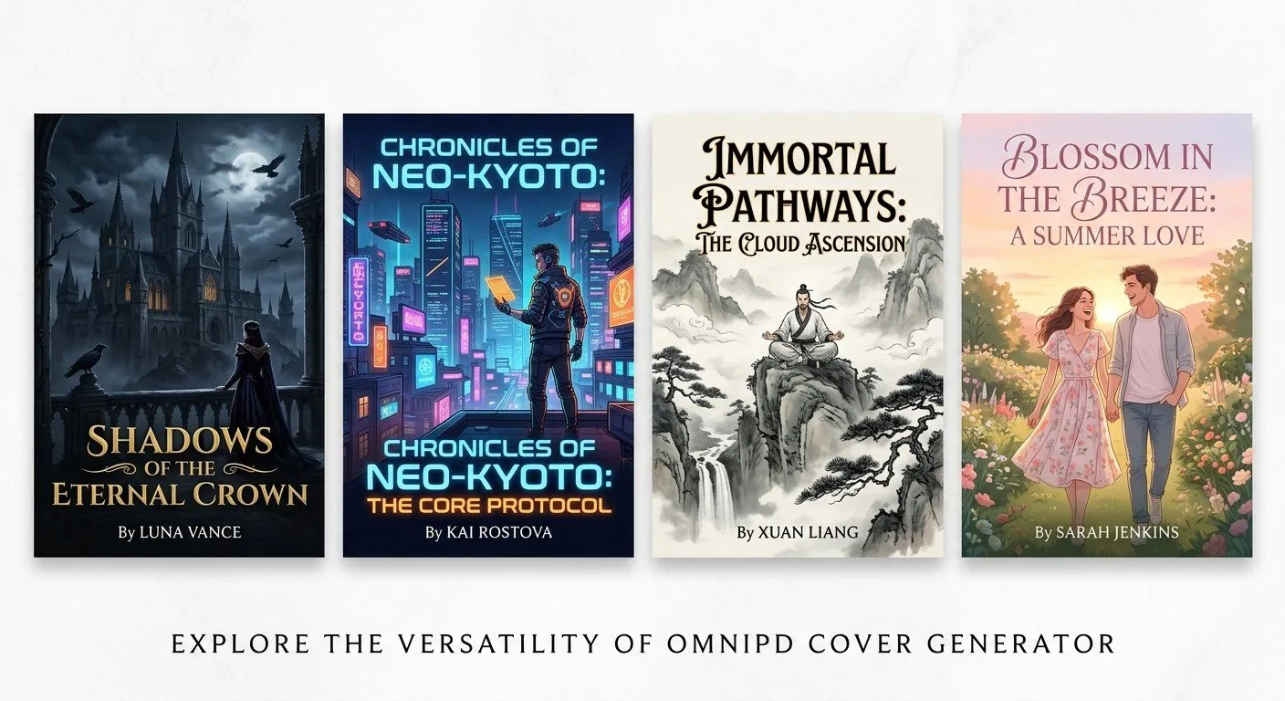 透過 OmniPD 內建的封面生成器，創作者能一鍵產出多種藝術風格的專業封面，完美解決新書上架的視覺痛點。