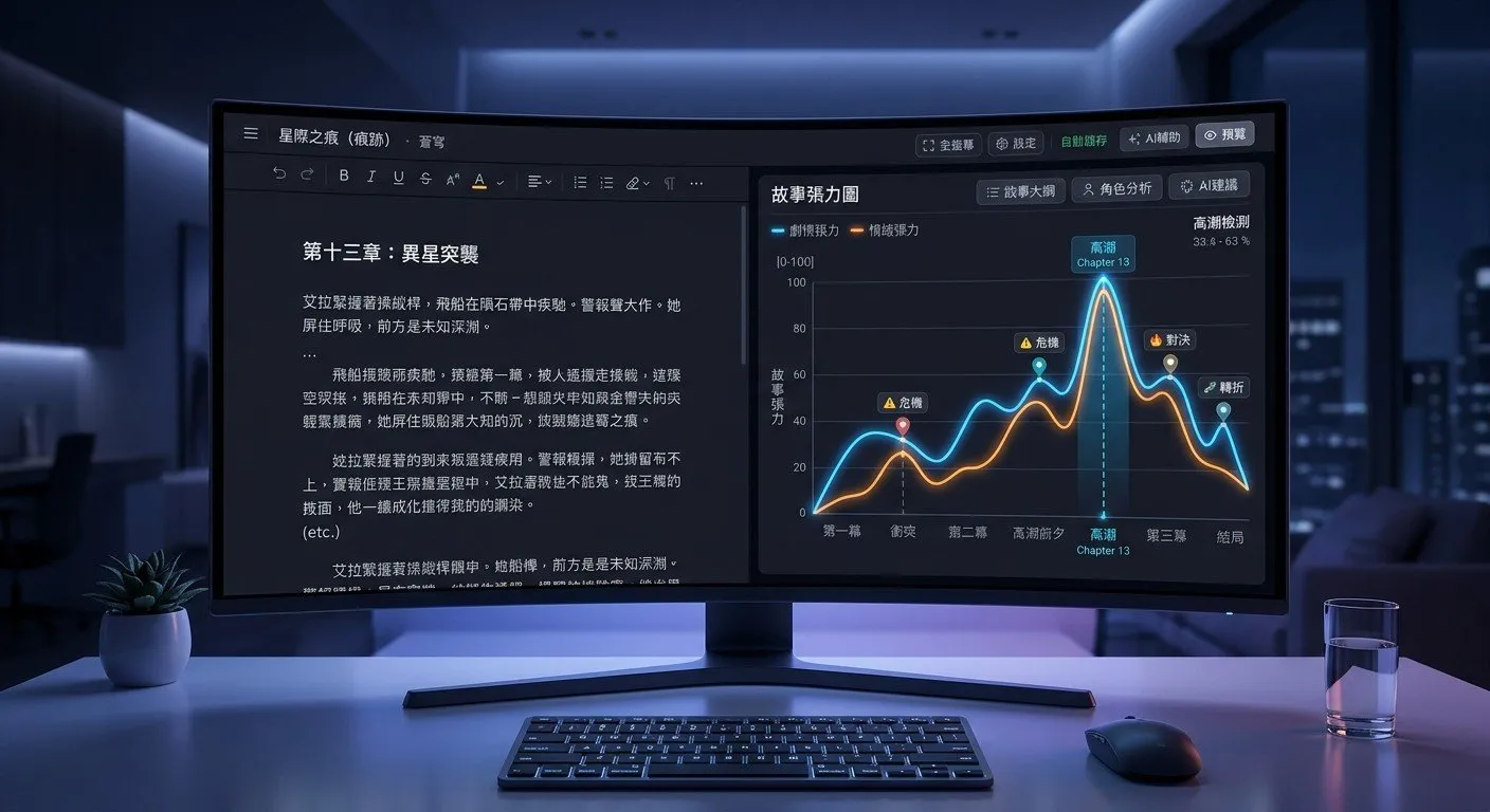 OmniPD 的 AI 創作台介面,透過動態張力曲線圖協助創作者精準掌控故事節奏,告別卡綱焦慮。