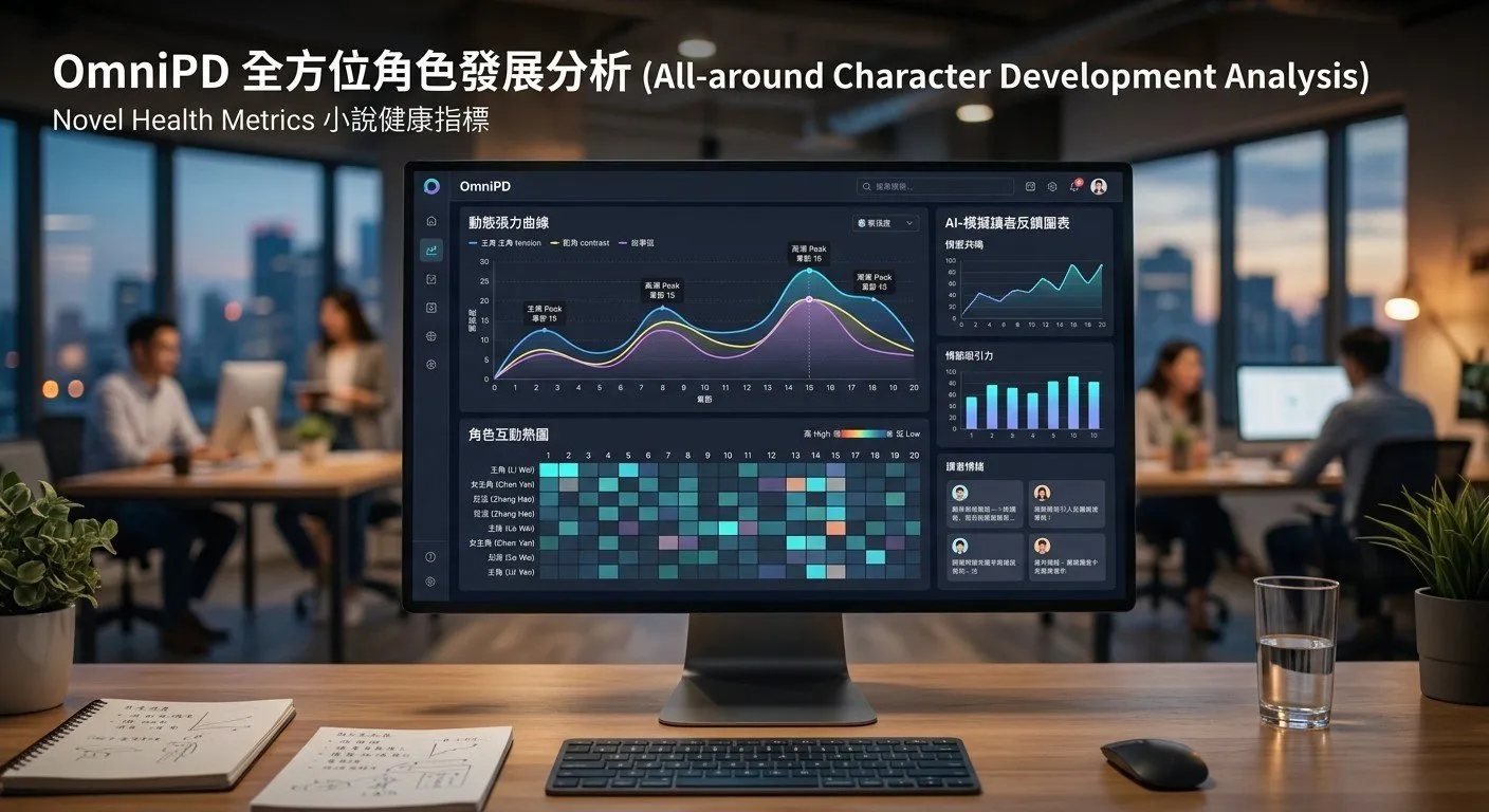 OmniPD 的小說健康度儀表板，將感性的創作過程轉化為可量化的數據指標，提升 IP 成功率。