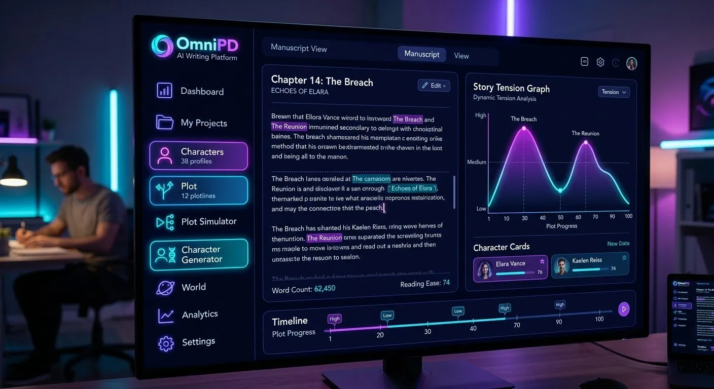 OmniPD 專業的 AI 寫作儀表板，整合了張力曲線與角色熱力圖，讓創作者能以數據化視角精準掌握故事節奏。